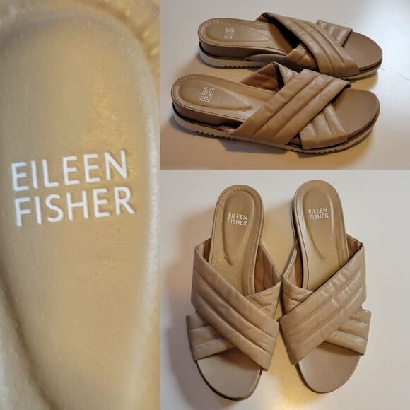 9 NAPPA LEATHER EILEEN FISHER NEUTRAL BEIGE TAN WHITE SLIP ON SANDALS SLIDES - Picture 1 of 10